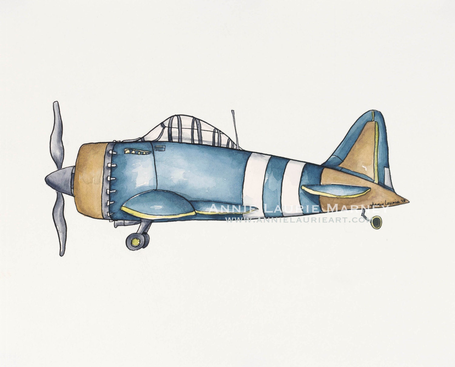 Vintage Airplane 8x10 Watercolor Print Navy And Gold