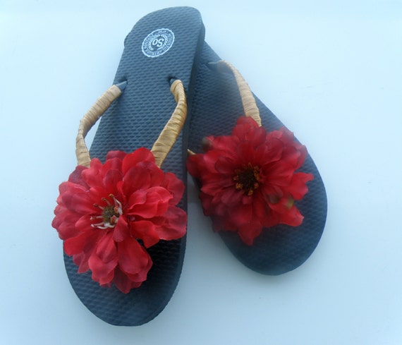 Items similar to Red Dahlia Flower and Gold Satin Flip Flops Beach Wear ...