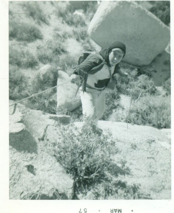 Mountain Climbing Rope Line 1950s Hike Man on Bloulder Rocky