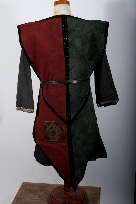 Burgundy and grey leather armor tabard with dragon embossing