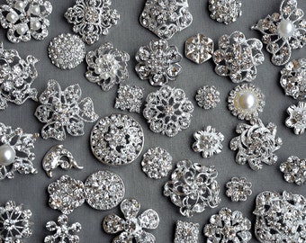 SALE 50 Assorted Rhinestone Button Brooch Embellishment Pearl Crystal Wedding Brooch Bouquet Invitation Cake Hair Comb BT549