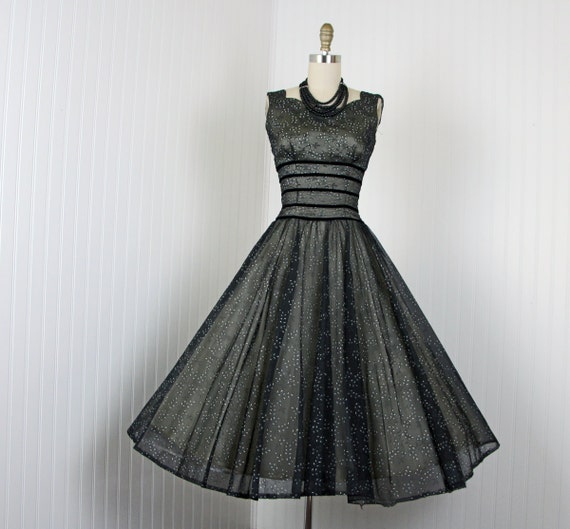 1950s Dress Vintage 50s Dress Black Nude Flocked Chiffon