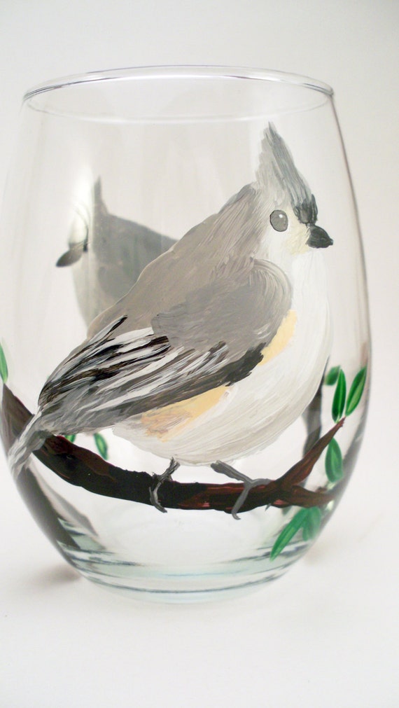 Hand painted stemless wine glass Detailed painted bird bird