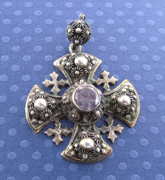 Antique Jerusalem Cross 950 Silver With Purple by davidjp1927