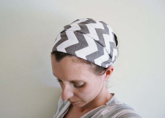 Grey and White Chevron Head Scarf - Hair Wrap - Headband by MegansMenagerie on Etsy