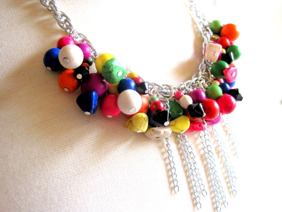 Download bright colors beaded necklace with chain waterfall accent for