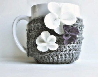 Floral coffee cozy mug tea cup african violet purple gray white crochet handmade cover