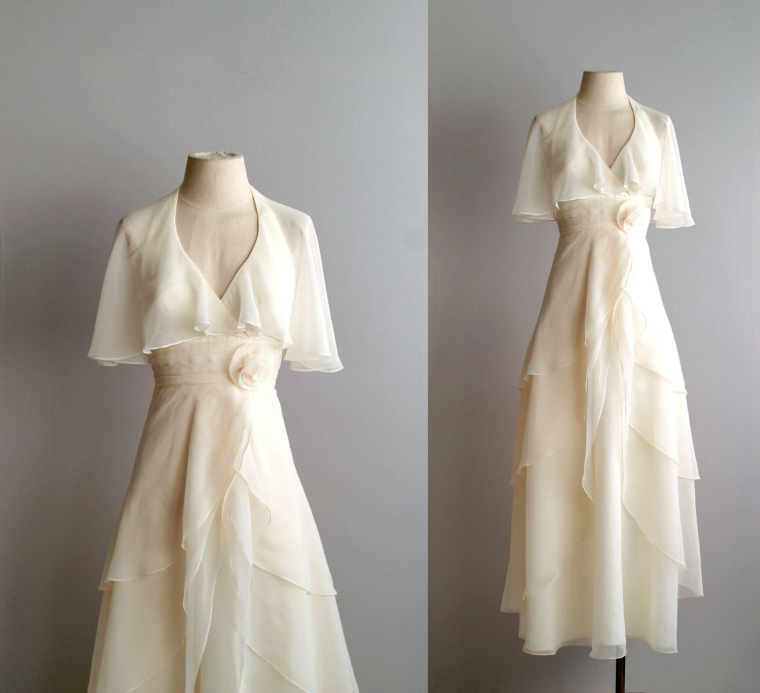 70s wedding dress / 1970s chiffon bridal gown / She's the