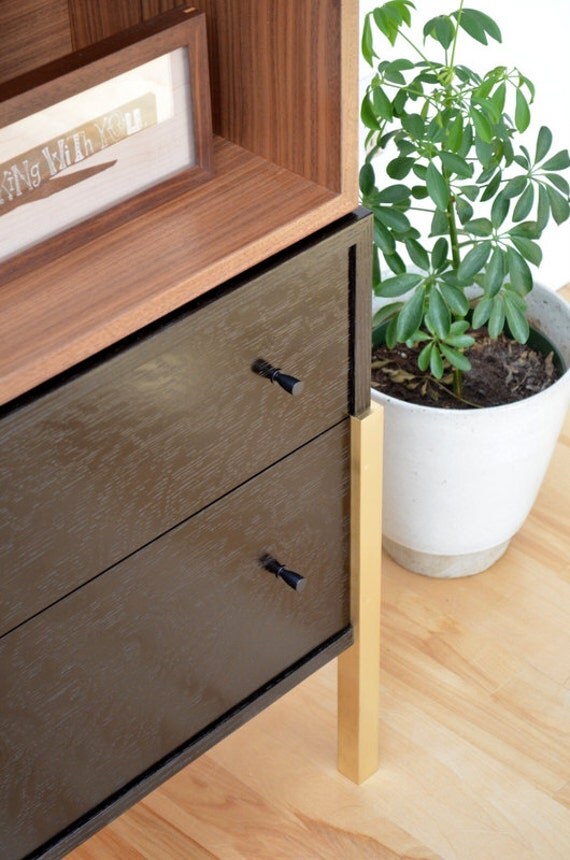 Bookcase walnut oak Bookshelf brass legs