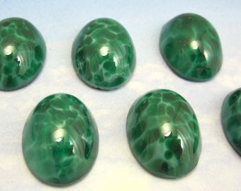 Vintage Glass Cabochons 6 pcs 18x13 mm Speckled Jade Green Stones S-358