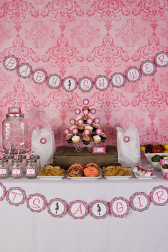 BABY SHOWER Banner Hot Pink and Black Damask Baby Shower Banner - Mom to Be Silhouette Il_570xn