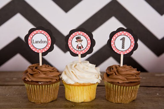Magic Birthday Party - Magician Theme Cupcake Toppers in Red and Black (12) Il_570xn