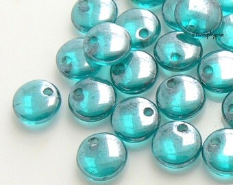 Lentil Czech, Luster Teal Glass Beads 6mm Coin 50 Top Drilled