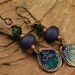 Etched Metal, Lampwork Beaded Earrings, Purple Green Flower E502