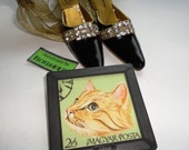 Recycled Vintage Film Slide Case And Cat Postage Stamp Brooch Handmade By Recycloanalyst