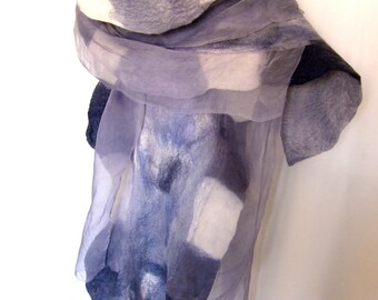 Nuno Felted Scarf, Wavy, Ruffled, Shades Of Gray With White Accents, With 3D Silk Ruffles, Hand Dyed, Merino Wool Silk Scarf