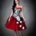 Size Medium damask red and black tulle burlesque prom gown tea length with cascading white roses