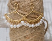 Gold Plated Fan Shaped Fresh Water Pearl Earrings | Bridal Jewelry | Dangle +Drop | Pearls + Gold | Bridal Earrings | Bridesmaid Gift