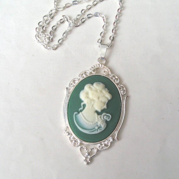 Items similar to Classical Lady Green Cameo Necklace, Silver, Green and