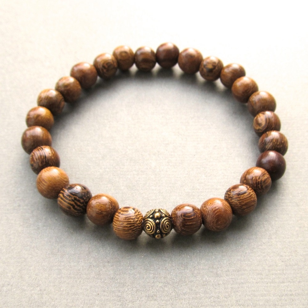 Mens brown robles wooden beaded stretch bracelet with by lowusu