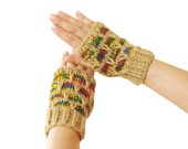 Camel colorful Hand Knitted wooly Fingerless Gloves rainbow colors