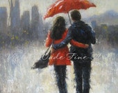 Seattle Lovers in the Rain Art Print, Seattle rain, love, rain, couple, romance, red umbrella, space needle, home decor, Vickie Wade art