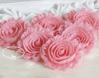Set of 6 Shabby Frayed Vintage look Chiffon Rosette Flowers - Light Pink with White Polka Dots