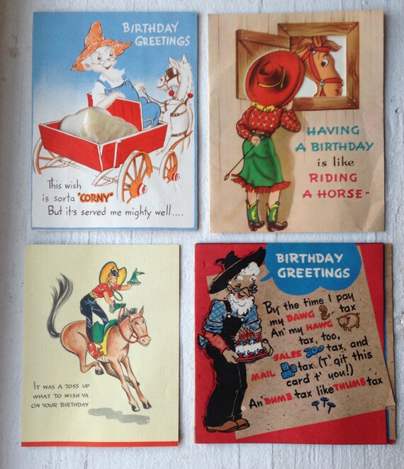Vintage Cowgirl and Hillbilly Farmer Birthday Greeting Cards