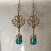 Antique Brass Filigree Dangle Earrings Peacock Blue Green Glass Teardrop