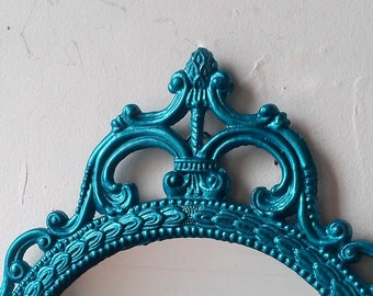 Ornate Oval Mirror in Vintage 17x12 Inch Metal Frame, Teal Home Decor, Wall Decor, Small Bathroom Mirror, Boys Nursery