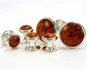 Silver Cufflink Tuxedo Stud Set - Amboyna Burl Wood Cufflinks - Wedding Cufflfink Stud Set - Fathers Day Gift Idea - Graduation Gift Idea