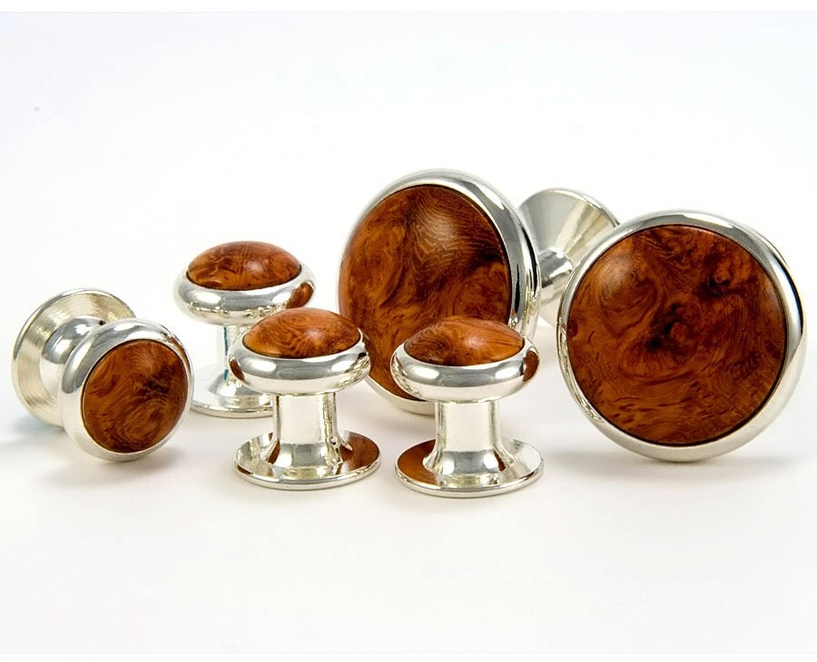 Silver Cufflink Tuxedo Stud Set Amboyna Burl Wood Cufflinks