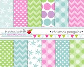 Christmas Penguins Cute Digital Papers Backgrounds for Commercial or Personal Use, Winter Papers, Snow Background Il_170x135