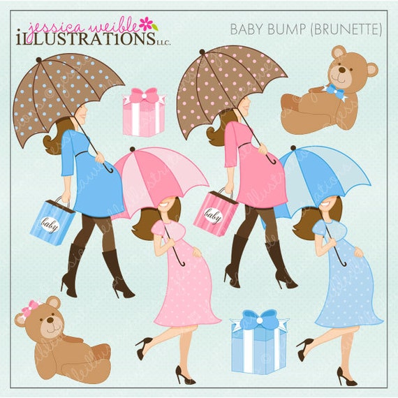 Baby Bump Brunette Cute Digital Clipart for Card Design, Scrapbooking, and Web Design, Pregnancy Clipart Il_570xn