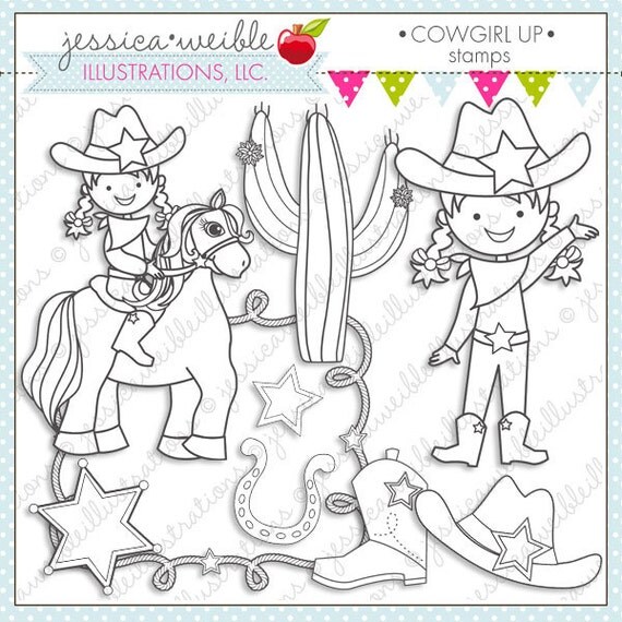 Cowgirl Up Cute Digital Stamps, Cowgirl Line Art, Digital Stamp Il_570xn