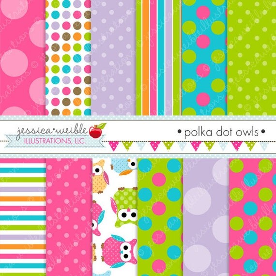 Polka Dot Owls Cute Digital Papers for Commercial or Personal Use, Owl Papers, Owl Patterns Il_570xn