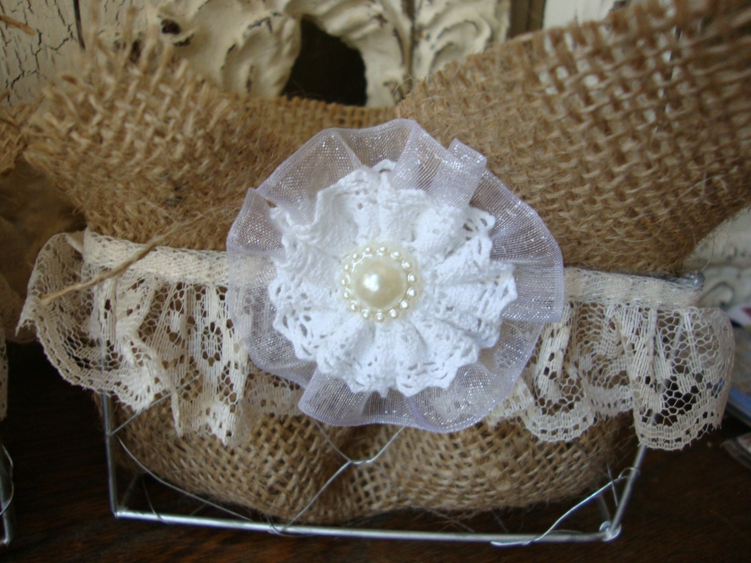 Chicken wire baskets Burlap lace and fabric by PaperAndMache