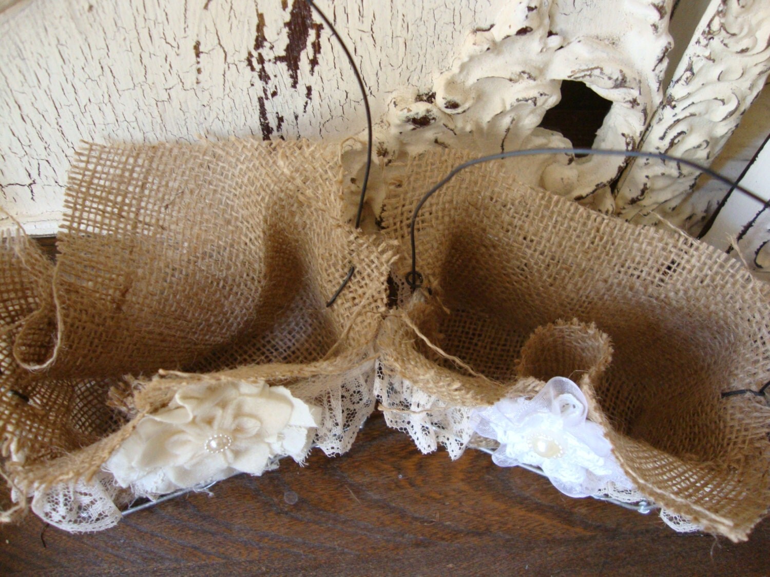 Chicken wire baskets Burlap lace and fabric by PaperAndMache