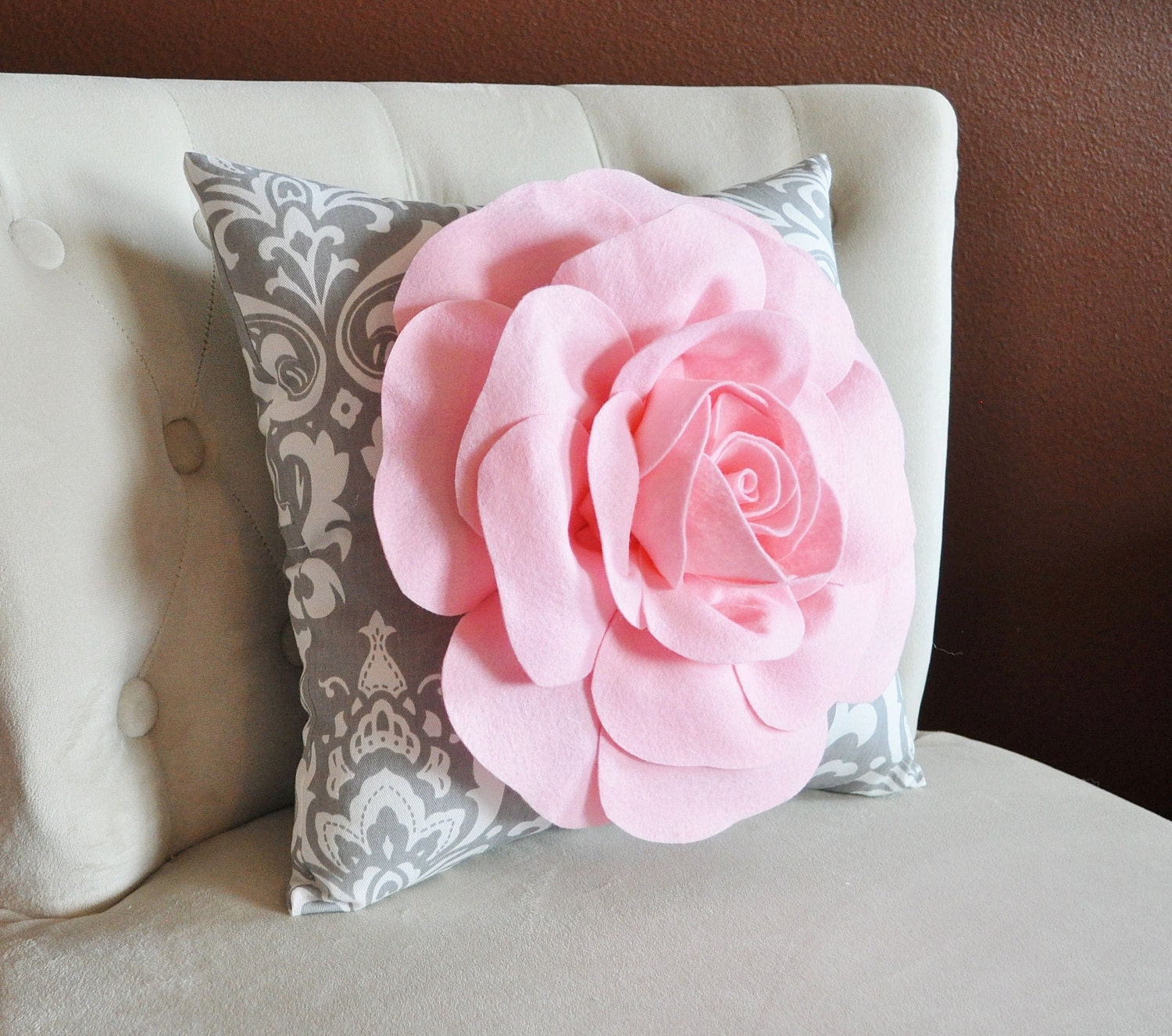 Damask Pillow. Light Pink Rose on Gray and White by bedbuggs