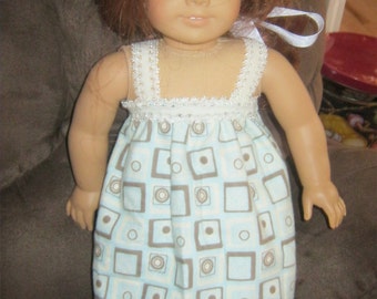 18 Inch Doll Clothes, blue squares nightgown with lace trim for 18 inch doll
