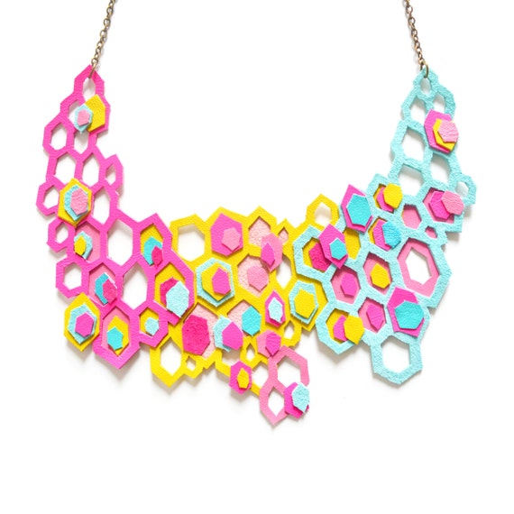 Neon Statement Necklace, Honey Comb Hexagons, Modern Molecules Geometric Jewelry