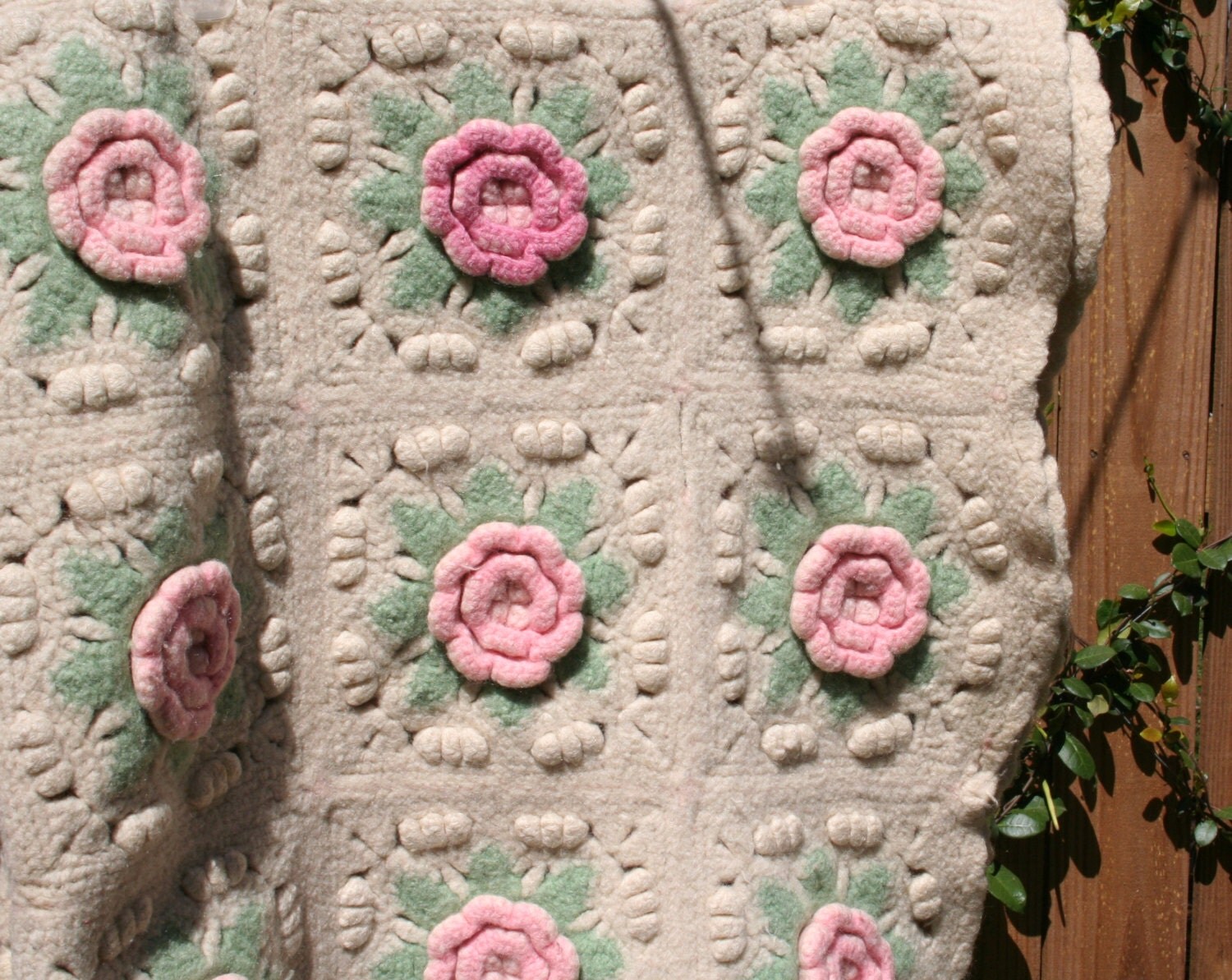 Vintage Wool Blanket Crochet Blanket with Pink Roses Baby