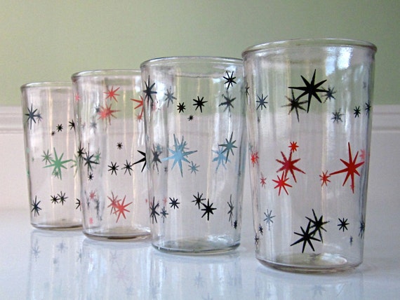 Vintage Atomic Jelly Jar Juice Glasses Starburst By
