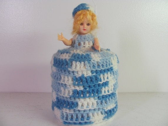 Vintage crocheted doll toilet paper roll cover