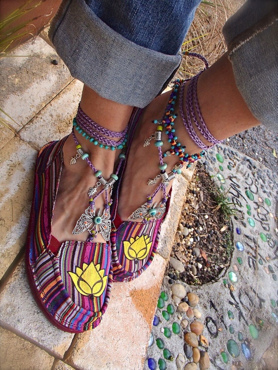 Striped LOTUS Canvas SHOES Espadrilles Flats Yellow Lotus Hand painted shoes tribal Mexican women shoes cotton slippers