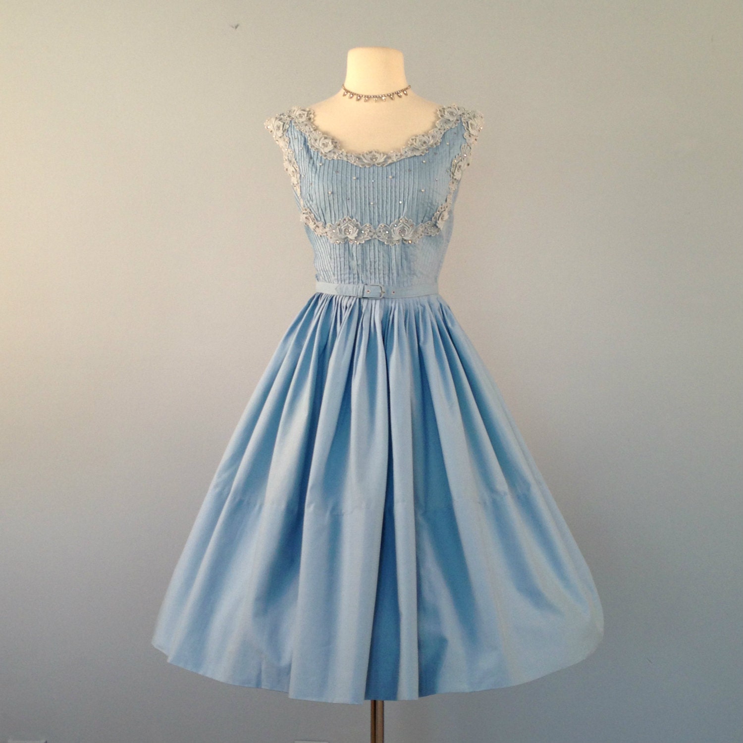 Vintage 1950s Party Dress...Beautiful Blue Cotton Party Dress