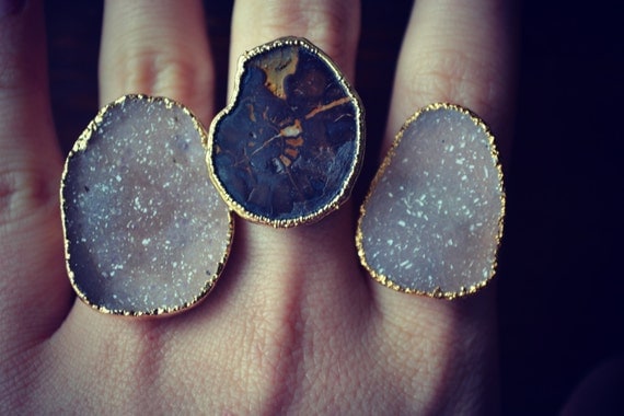 ON SALE Size 8  /// AMMONITE Electroformed Gemstone Ring /// Gold