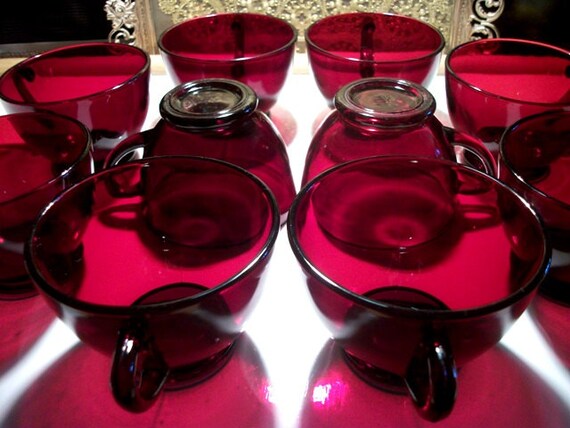 10 Royal Ruby Red Glass Punch Bowl Cups Collectibles Vintage 1089