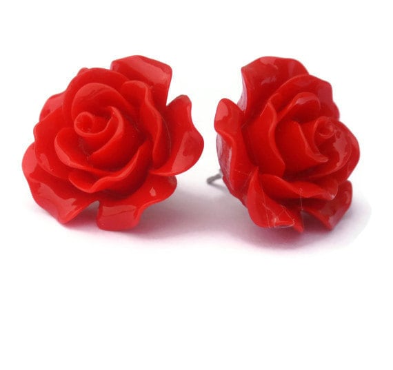 Pinup Red Rose Earrings Rockabilly Large Flower Jewelry