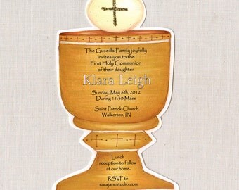 20 Gold Holy Chalice | First Communion Invitations | 5x7 Personalized Invite | Religious Invitation | Communion Invitation | Holy Cup Invite